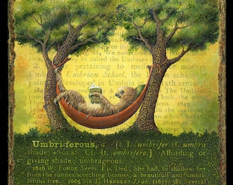 Lazy sloth reading, Umbriferous. An unau hangs out in a hammock in the shade. Book lover gift, tree painting, summer vacation mode art print