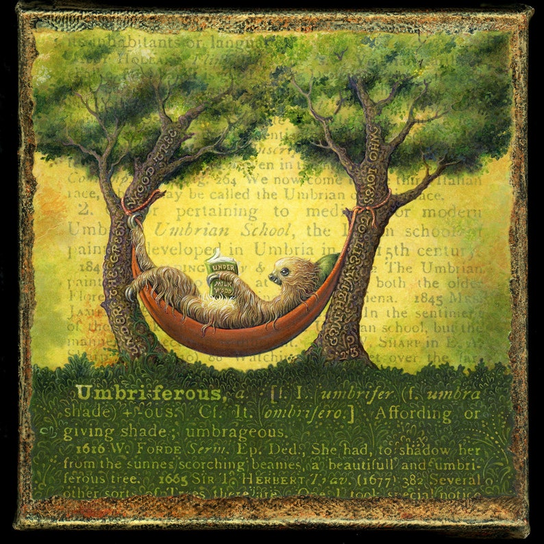 Lazy sloth reading, Umbriferous. An unau hangs out in a hammock in the shade. Book lover gift, tree painting, summer vacation mode art print image 1