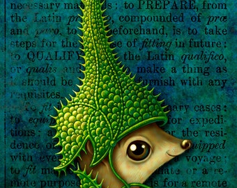 Strangely cute art print 4x6, Come Try My Helmet On: Small furry fantasy creature, weird green armor, Brave little animal, Oddity curiosity