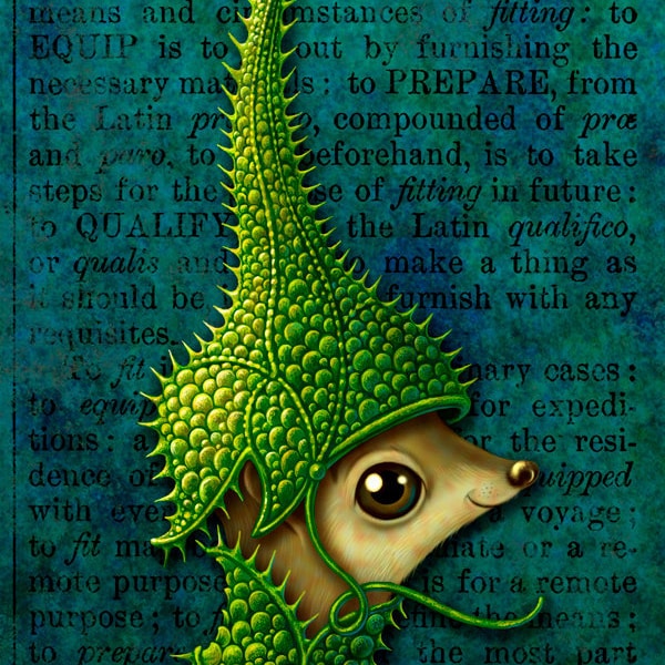 Strangely cute art print 4x6, Come Try My Helmet On: Small furry fantasy creature, weird green armor, Brave little animal, Oddity curiosity