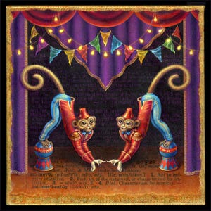 May include: Two monkeys dressed in red and blue circus outfits stand on their hands, balancing on balls. They are performing under a purple curtain with a string of lights above them. The background is a vintage book page with text about mimicry.