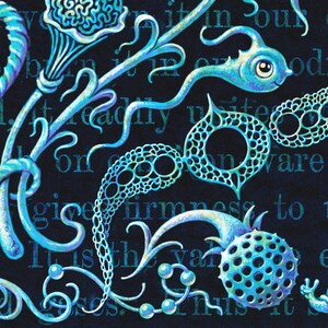 May include: An abstract illustration featuring stylized, bioluminescent aquatic forms in shades of blue and teal against a dark blue background with faint text. The design includes a snail, a fish-like creature, and various organic shapes.