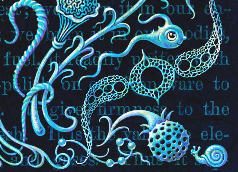 May include: An abstract illustration featuring stylized, bioluminescent aquatic forms in shades of blue and teal against a dark blue background with faint text. The design includes a snail, a fish-like creature, and various organic shapes.
