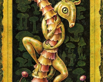 Shroomdweller-- Mushroom art print 10.5x5.5- Weird creature climbing strange magic mushroom- Fantasy botany- Magical beast- oddity curiosity