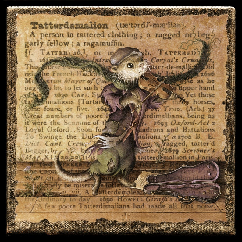 Tatterdemalion: fantasy animal musician art print. A ragamuffin busker who happens to be an otter plays his violin on a Victorian street image 2