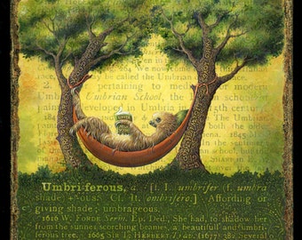 Lazy sloth reading, Umbriferous. An unau hangs out in a hammock in the shade. Book lover gift, tree painting, summer vacation mode art