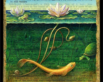 Underwater art print, Lentic: A goldfish and a turtle in a lily pond with a frog, snails, & water lilies. Biophilia art, nature lover gift