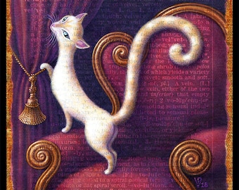 Cozy cat art print, Velutinous: Elegant white cat on red chair with wine velvet curtains. Letter V, Victorian wall decor, cat lover gift
