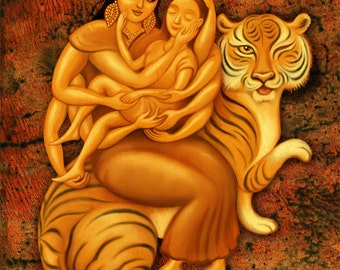 Durga's Embrace: Mother Goddess art print, Lunar New Year of the Tiger art, Healing art, Get well caregiver nurse gift, Hindu spiritual art