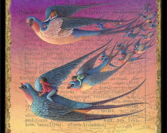 Traveling friends art print, Zugunruhe: A host of swallows carrying tiny passengers. Fantasy birds, wanderlust, explorers, immigrants, expat