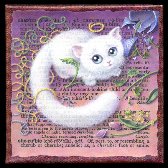 Cherubic: Cute cat painting of an innocent-looking, fluffy white kitten in a mess of yarn & flowers. Who, me? Cat lover gift, nursery decor