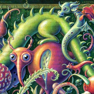 Pop surrealism art print 8x10 Invasive: Creepy-cute creatures & plant oddities in a mysterious fantasy landscape. Maximalist art, monsters image 3