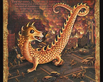 Year of the dragon art print: mini-Sheltie dragon attacks city. Shetland sheepdog sheltie art, funny dog fantasy painting, Chinese New Year