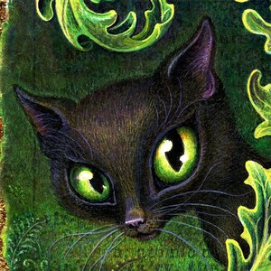 May include: A black cat with bright green eyes peeks out from behind green foliage. The cat's fur is dark and glossy, and its eyes are wide and alert. The background is a dark green, and the cat's whiskers are visible.