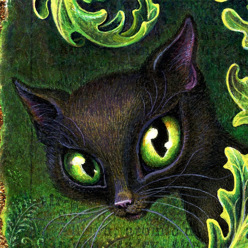 May include: A black cat with bright green eyes peeks out from behind green foliage. The cat's fur is dark and glossy, and its eyes are wide and alert. The background is a dark green, and the cat's whiskers are visible.