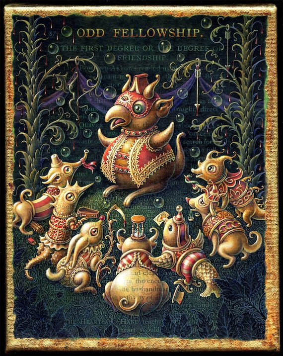Creepy cute art print, Odd Fellowship: A mysterious gathering of creatures. Pop surrealism, masonic oddities, circus arts, fantasy wall art