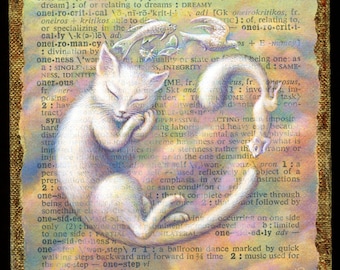 Impression d'art chat rêveur, onirique : chat blanc endormi et amis animaux volants, nuages aux couleurs douces. Jolie décoration de chambre d'enfant, lettre O, tableau chat