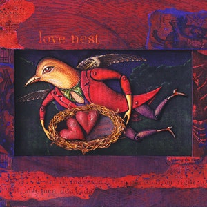 Nouvelle carte de visite à téléchargement immédiat : Love Nest. Art d'oiseau fantastique, coeur de la Saint-Valentin, Saint-Valentin numérique, carte d'anniversaire imprimable
