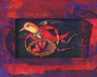 Instant Download Valentine art: Love Nest. Fantasy bird art, valentine heart, digital valentine, printable anniversary card