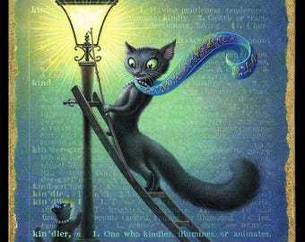 Kindler: Kamala Harris cat painting.  An inspirational cat, lighting the way to a brighter future. Black cat lady & kitten, not going back!