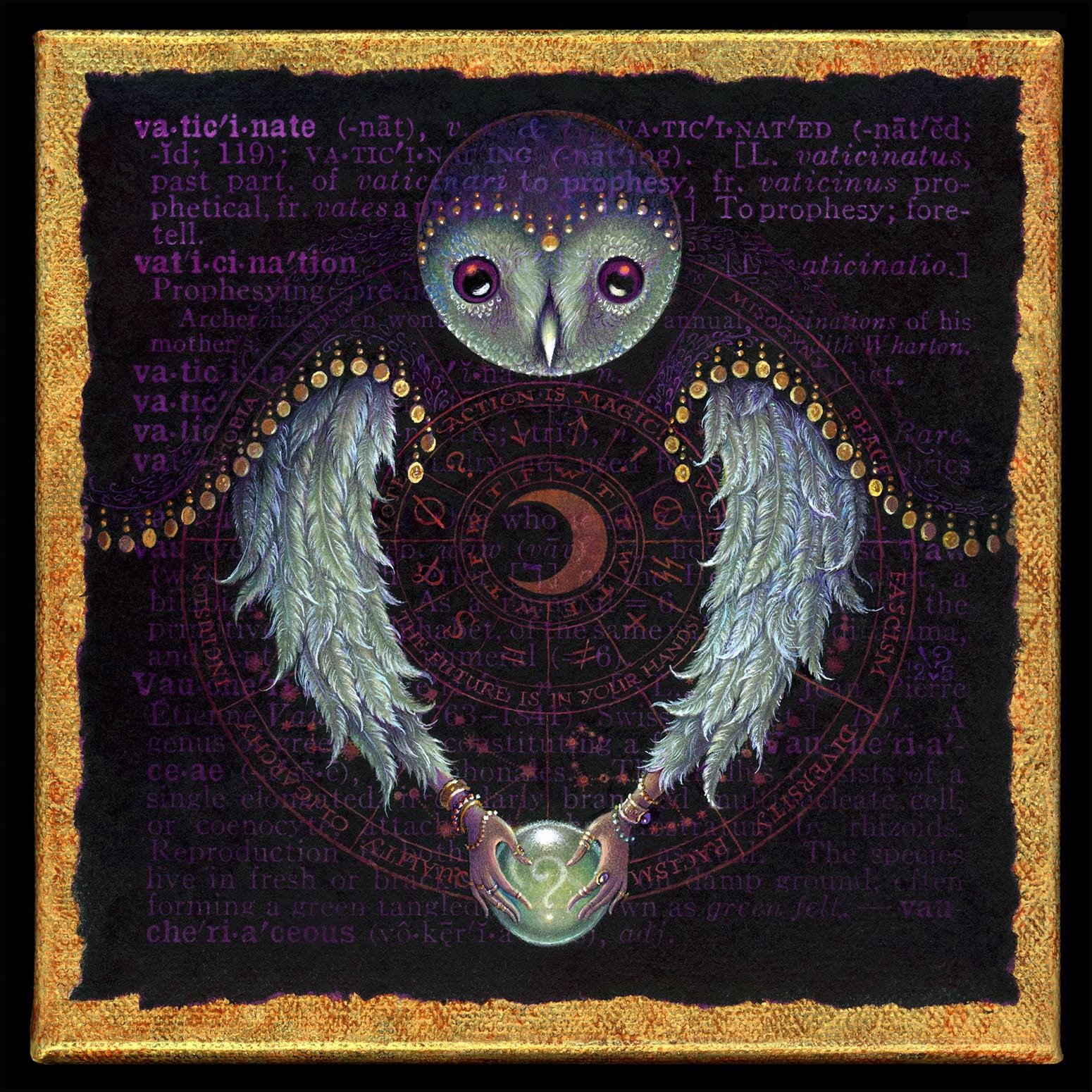 Fortune teller owl art print, Vaticinate: A mysterious seer holds a crystal ball revealing a future 