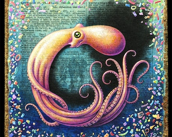 Octopus art print, Obfuscation: Octopus, ink, & a confetti of plastic.  Undersea Decor, Ecology, Tentacles, Letter O, Save the Ocean Art
