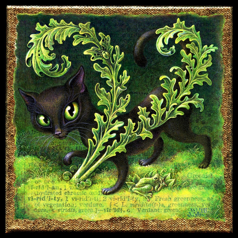 May include: A black cat with green eyes peeks out from behind a large green leafy plant. The cat is walking towards the right side of the image. The background is a dark green with a text overlay.