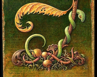 Year of the Snake art print, Terrene, Forest life, Snake, mushrooms, twig, leaves, snail, worm, beetle, earth, Nature lover , Goblincore