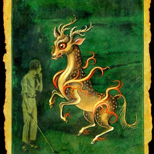 Golf art print, Imagination: Magical flaming Qirin, Golfer gift art, Asian mythological beast, Year of the Dragon, Fantasy golf décor print image 1