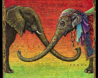 Elephant decor, Xenophile: Indian and African elephants joining to form the letter X. World travel art, elephant art print, world map