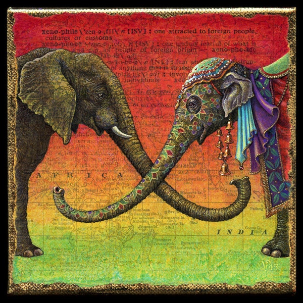 Elephant decor, Xenophile: Indian and African elephants joining to form the letter X. World travel art, elephant art print, world map