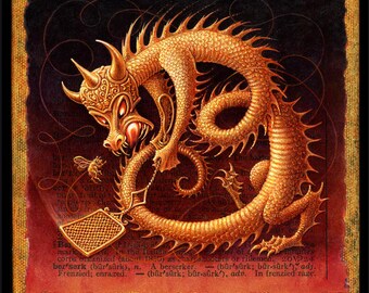 Berserk: funny fantasy art print. A golden dragon battles a small yet fearsome flying enemy.  Mythical creature oddity, pest control madness