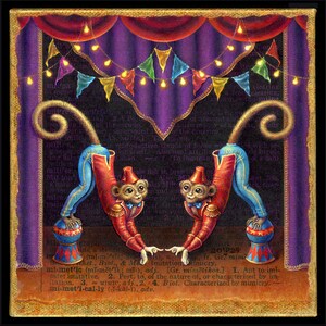 May include: Two monkeys dressed in red and blue circus outfits stand on their hands, balancing on balls. They are performing under a purple curtain with a string of lights above them. The background is a vintage book page with text about mimicry.