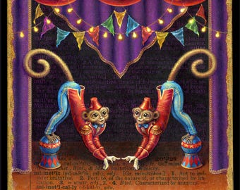 Mimetic: circus monkey art print.  Playful monkeys doing symmetrical tricks on stage. Nursery decor, children's art, whimsical fun