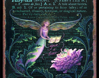 Fairy-tale: fantasy art print. A magical book reads a bedtime story to a fairy child. Teacher, librarian, storyteller, booklover, baby gift