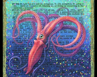 Pelagic: Giant squid painting.  Sea monster vs. plastic pollution