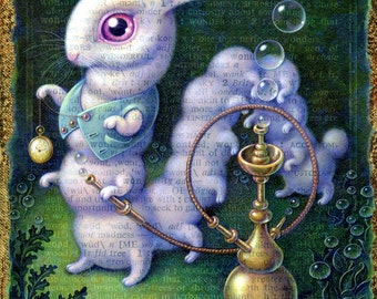 White Rabbit art print 7.5x10, Surreal Rabbit/ Hookah-smoking Caterpillar, Alice in Wonderland wall art fantasy, Year of the Rabbit Oddity