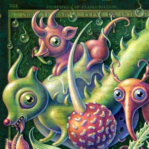 Pop surrealism art print 8x10 Invasive: Creepy-cute creatures & plant oddities in a mysterious fantasy landscape. Maximalist art, monsters image 2