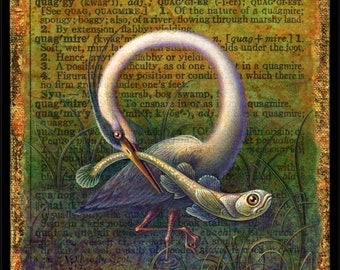 Fishing bird art print, Quaggy: Blue heron with fish in marsh. Bird lover gift, nature art painting, coastal decor, fish painting, ecology