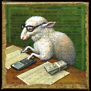 Custom Enlargement, Counting Sheep art print: Animal with hipster glasses, calculator, funny money. Accountant gift, Chinese New Year