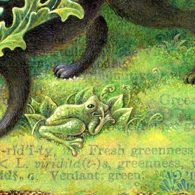 May include: A green frog sits on a bed of green leaves with a black cat's paw in the background. The text "Fresh greenness, <L. viridita(t)s, greenness, ids, c. Verdant: green" is visible in the image.