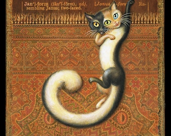 Janiform: Surreal two-faced, three eyed tortoiseshell cat painting. Mysterious moody cat on a curious carpet. Halloween decor, weird oddity