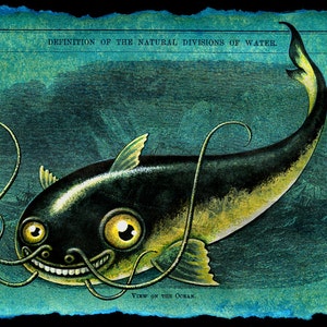 Fish art print, Namazu: Smiling catfish, Tsunami monster, Mythical creature, Japanese yokai, Funny fishing art, Blue green oddity, curiosity image 1