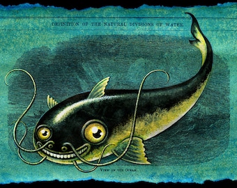 Fish art print, Namazu: Smiling catfish, Tsunami monster, Mythical creature, Japanese yokai, Funny fishing art, Blue green oddity, curiosity