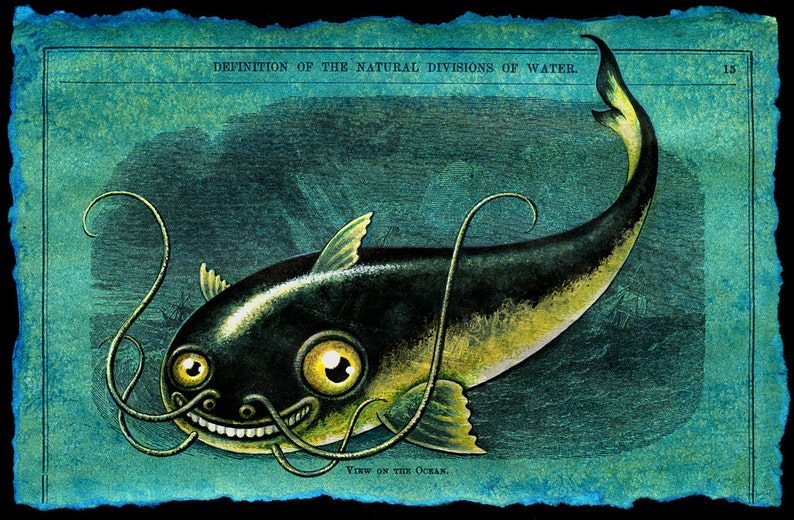 Fish art print, Namazu: Smiling catfish, Tsunami monster, Mythical creature, Japanese yokai, Funny fishing art, Blue green oddity, curiosity image 1