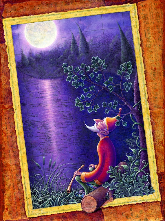 Full moon art print, Serenity art print, Old man with magic flute, Moonlight, Peaceful nature art, Children's book illustration, Woodland