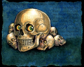 Tête de mort monstre art print 4.5 x 3.5, me-kurabe: regarder les crânes, Yokai japonais, peinture macabre, art d’Halloween, curiosité bizarrerie, MiniPrint
