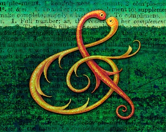 ACEO Ampersand, Curiotype: Punctuation painting mini print, Vocabulary words, Weird lettering art, Odd love creatures, Curious calligraphy