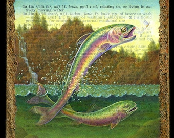 Rainbow trout art print, Lotic: Leaping fish in mountain stream. Freshwater brook fly-fishing, nature lover gift, cabin decor, be like water