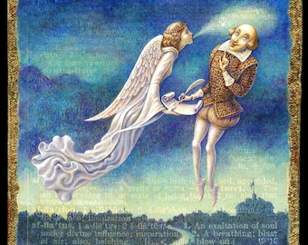Writer Inspiration art print, Afflatus:  An angelic muse breathes inspiration to Shakespeare. Gift for writer, Letter A, fantasy art angel